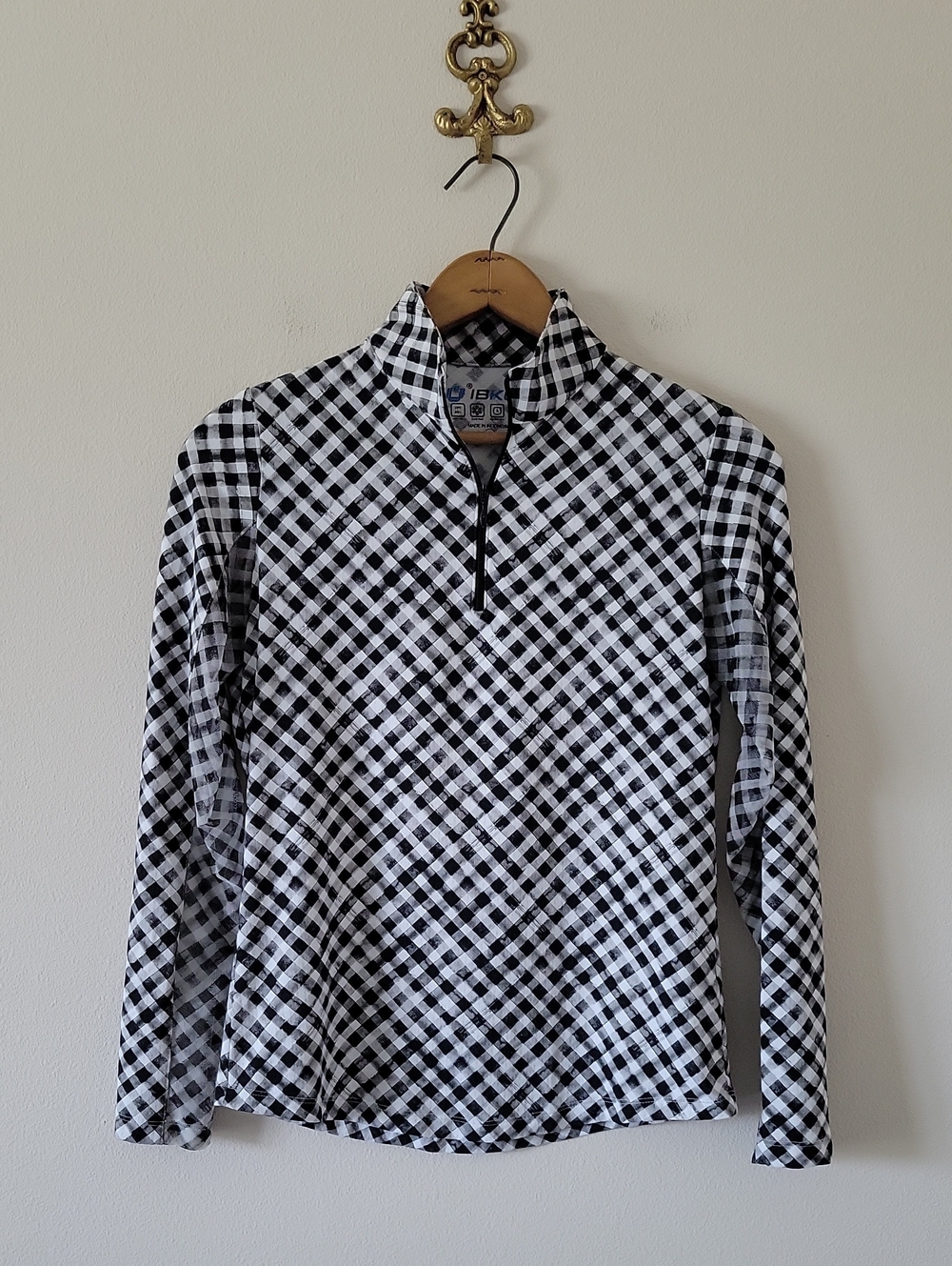 IBKUL Black White Gingham 1/4 Zip Mock Neck Pullover Size XS